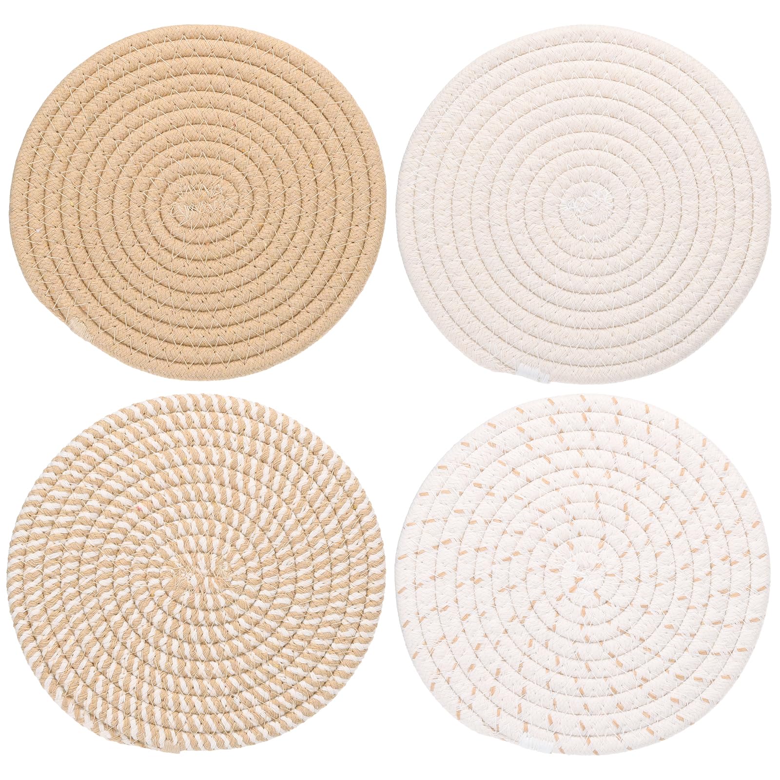 PATIKIL Plant Coasters 7 Inch, 4 Pcs Woven Plant Mat Round Pads Set for House Indoor Outdoor Gardening Pot Kitchen Table, Dry Yellow & White
