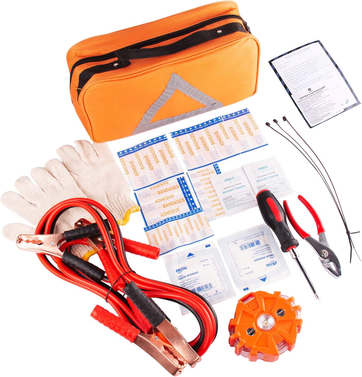 NoOne Car Safety Kit, Multi Functional Roadside Assistance Emergency Kits- First Aid Kit, Jumper Cables, LED Warning Light, Orange Strong Bag, Work Gloves, Tools: Automotive