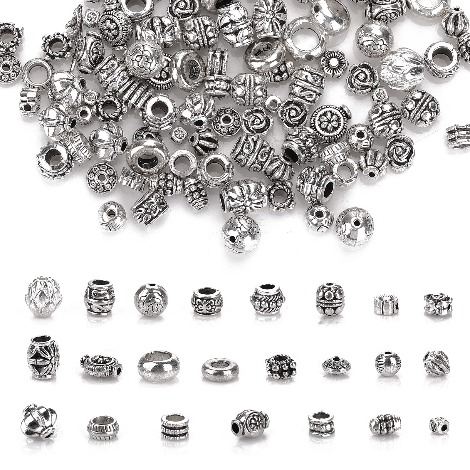 Grevosea Silver Spacer Beads, 100g Loose Jewelry Making Tibetan Antique Silver Metal Alloy for DIY Bracelet Necklace Earring Craft Supplies