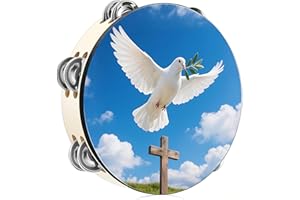 MOUPARFULU Dove Tambourines 8 Inch Cross Double Row Jingle Bible Hand Bell Tambourine for Adults Pray Church Party Percussion Musical Instrument Hand Bell Clap Drum