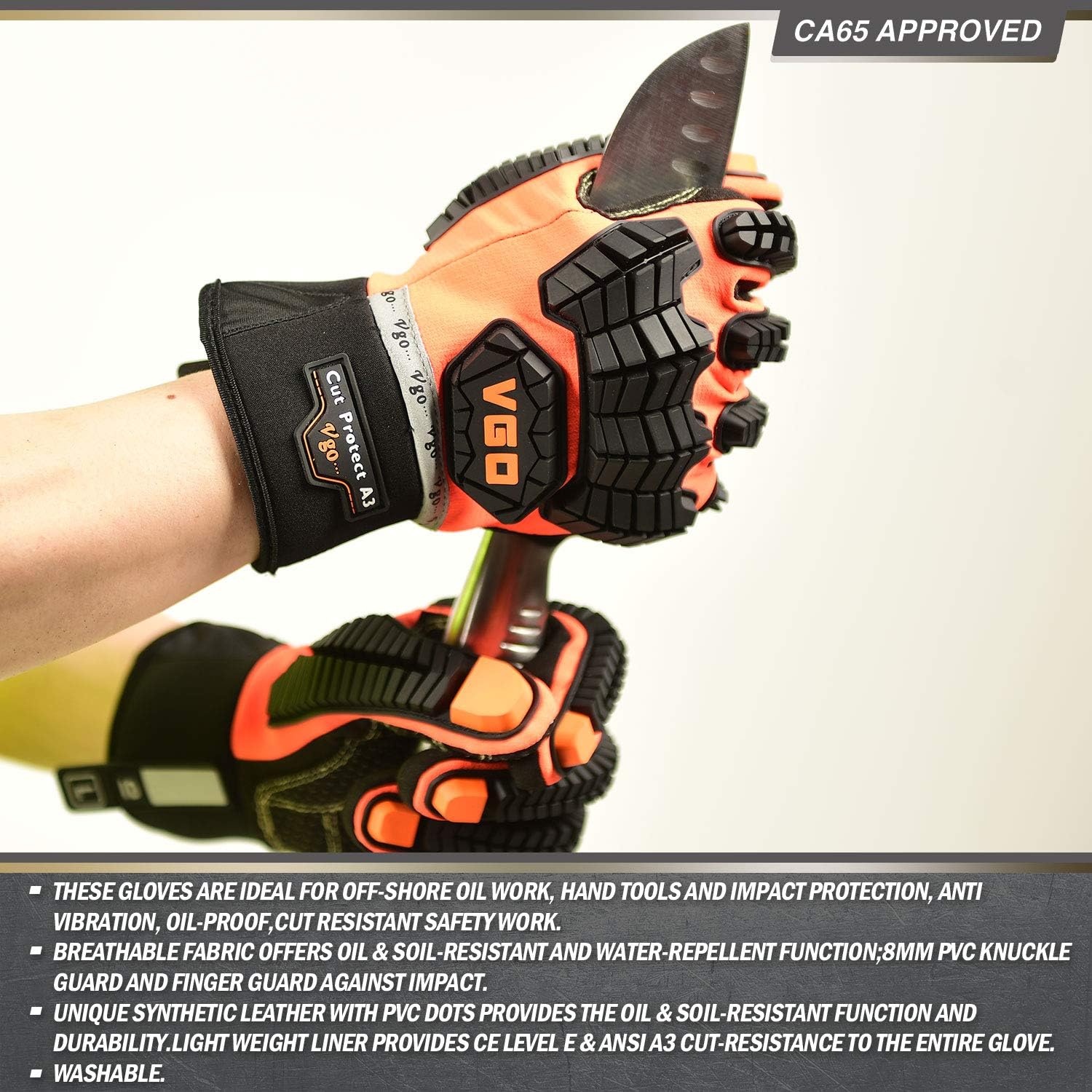 Vgo Offshore Anti Vibration Oil-Proof Cut Resistant ANSI A3 Cut-Resistance Impact Protection Water-repellent Safety Synthetic Leather Work Gloves (Size L, Orange, SL9769HY) - - 
