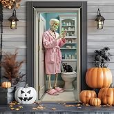 Skeleton Halloween Door Cover for Bathroom, Funny Door Cover Decorations for Party Photo Props, Fabric Halloween Backdrop for Home Office Indoor/Outdoor Decor