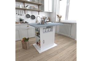 KUVADAZ Kitchen Island with Storage, 43.31" Wood Kitchen Table no Wheel, Top Niche and Side Shelves with a Bottle Rack, Modern Coffee Bar Table, White Grey