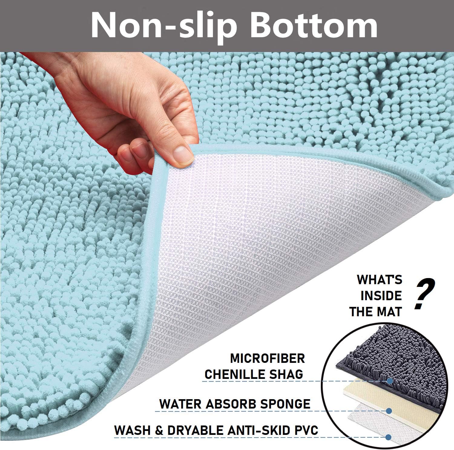 Bathroom Rugs Chenille Bath Mat Set, Soft Plush Non-Skid Shower Rug +Toilet Mat. (SPA Blue): Kitchen & Dining