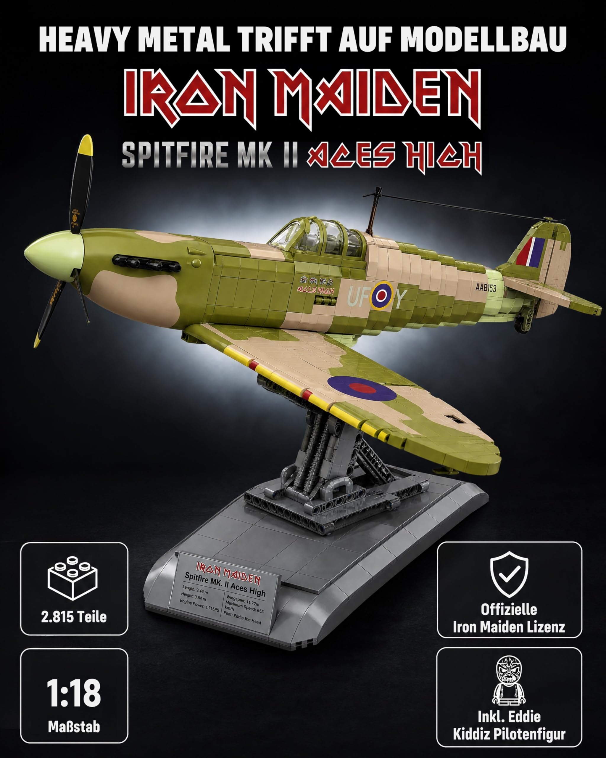 Revell Brick System Iron Maiden Spitfire MK.II Aces High | Klemmbaustein Set 1:18 mit 2802 Teilen | mit Eddie Pilot Figur, beweglichem Propeller & Cockpit | ab 18 Jahren 2