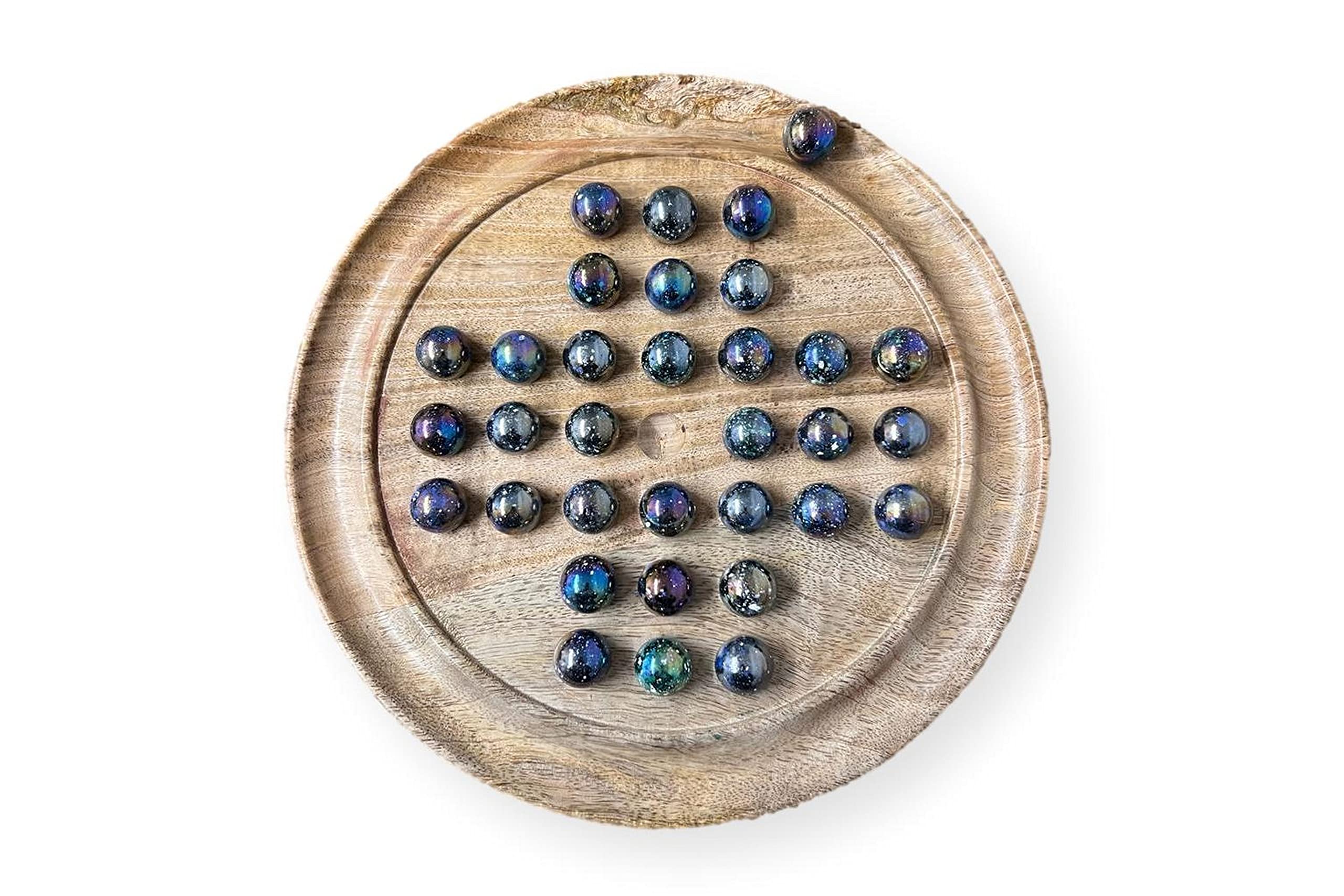 30cm Diameter MANGO WOOD SOLITAIRE BOARD GAME with SPARKLY JUPITER GLASS MARBLES | |classic wooden solitaire game | strategy board game | family board game | games for one | board games