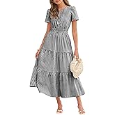 Caracilia Womens Summer Maxi Dresses 2026 Spring Casual V Neck Short Sleeve Gingham Flowy A-Line Beach Vacation Party Dress