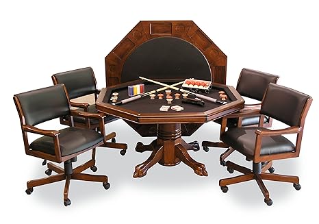 54 3 In 1 Combination Game Dining Table Set With 4 Rocker Swivel Chairs Chestnut Finish