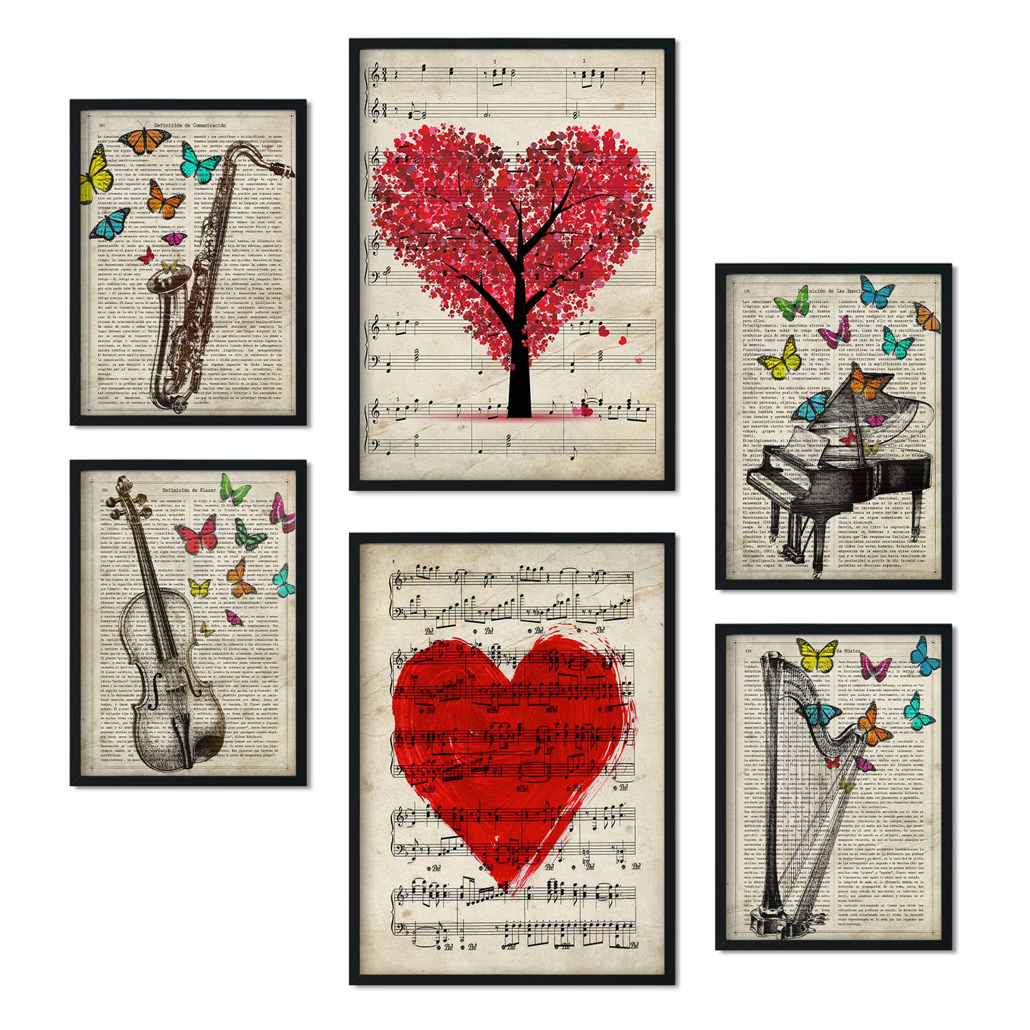 Nacnic Set of 6 Vintage music posters. Collection of plates with aesthetic collage for interior decoration. Sizes A3 and A4. Frameless.