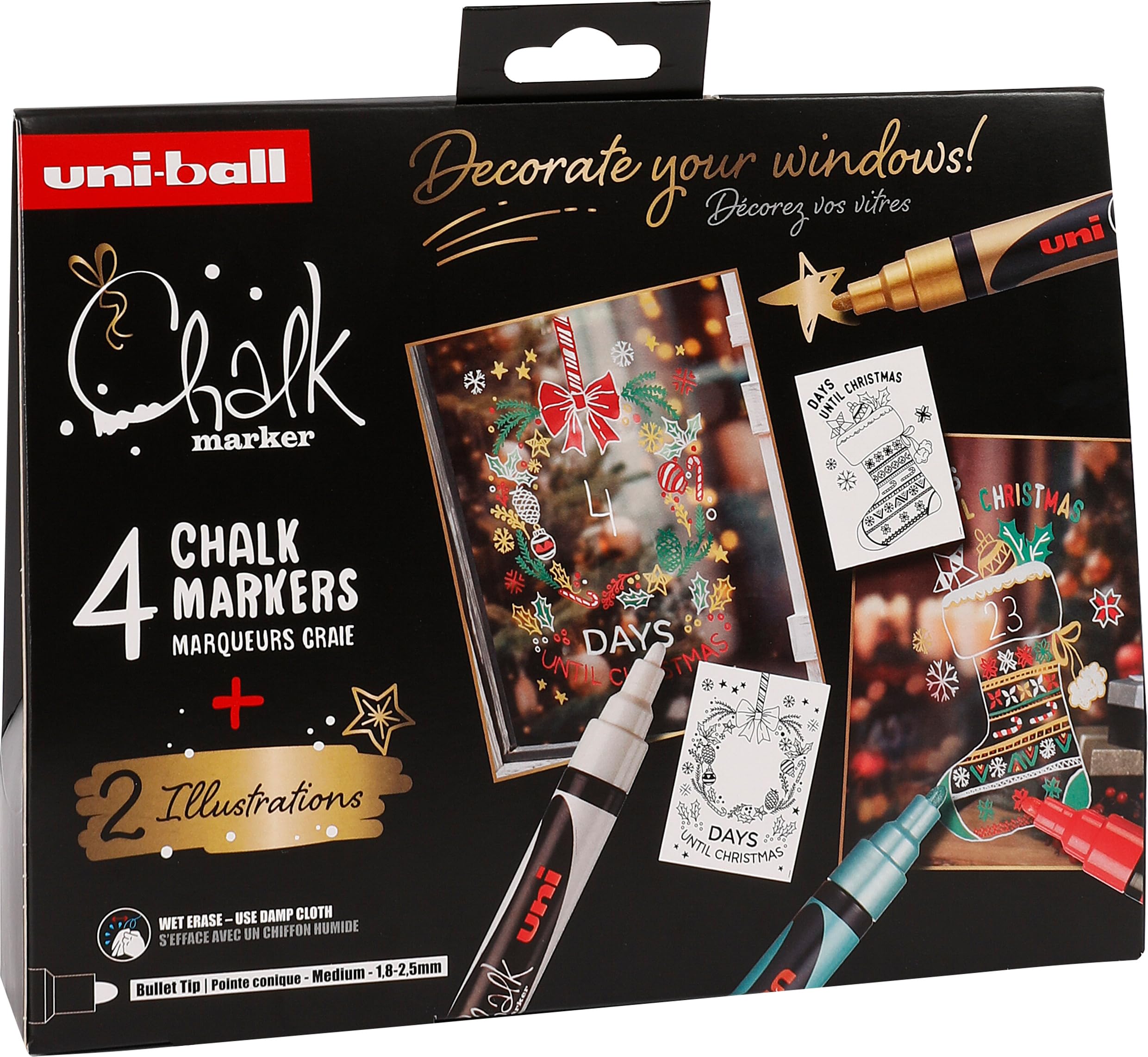uni-ball Liquid Chalk Pens. Multi-Purpose Wipeable Coloured Markers for Blackboards, Chalkboards, Whiteboards, Glass, Mirrors, Plastic, Windows, Metal. Medium Tip. 4pc Christmas Set