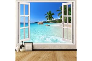 Leeisysme Beach Landscape Tapestry, Tropic Ocean Sea Island Palm Tree Seaside Tapestries for Living Room Summer Window Wall Hanging Teal Wave 36×48 Inch