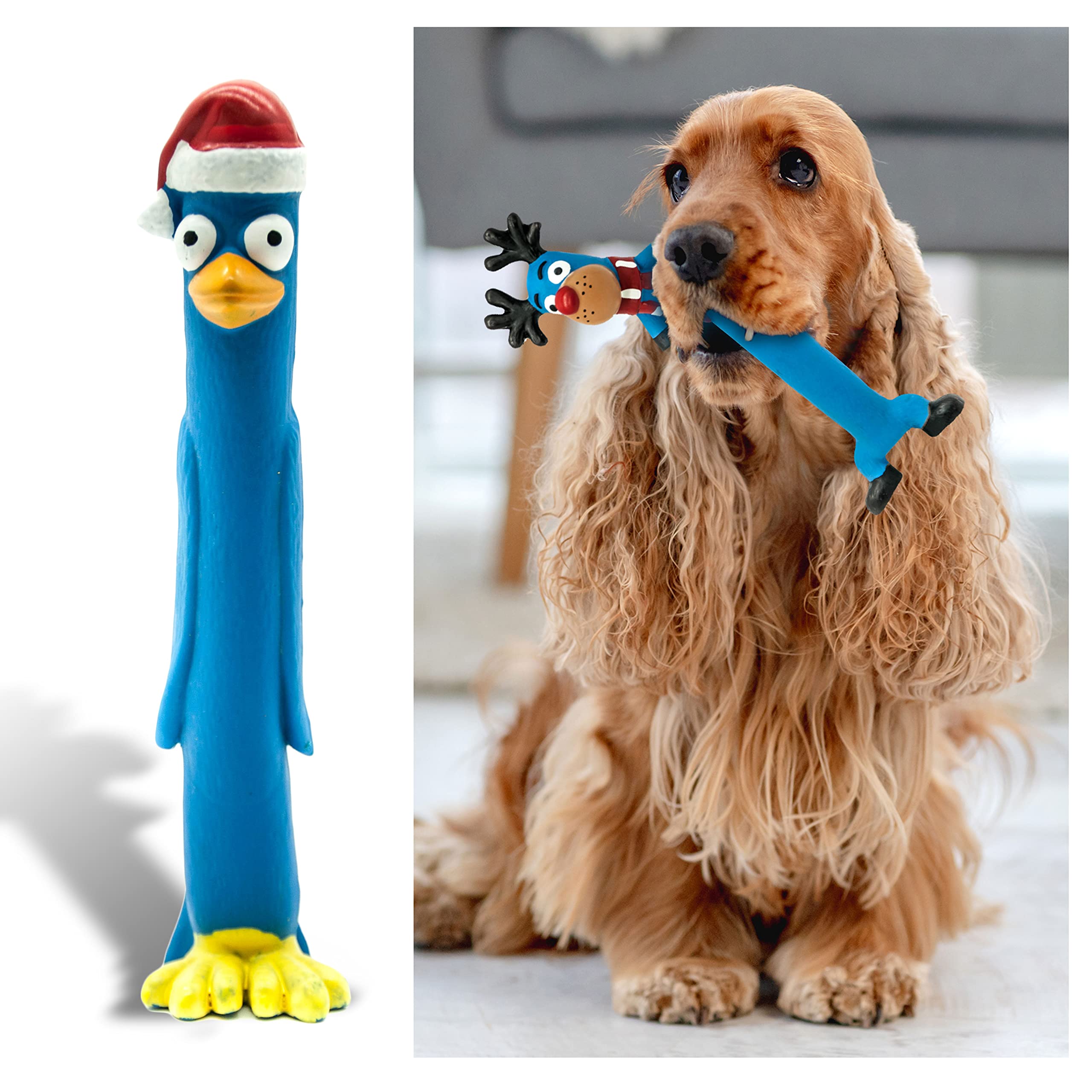 Petopedia 10 inches Long Squeaky Reindeer Rudolph Teething LATEX Puppy Toys - Fetch Interactive Dog Gifts for Boredom – Small & Medium Dogs Presents (Blue, Penguin)