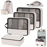 Ultralight 8-Piece Compression Cubes Packing System - Ultimate Versatile Travel Organizer Set Travel Essentials for Women with Clothes Packing Cubes, Toiletry Bag, Shoe Bag and Laundry Bag - Beige