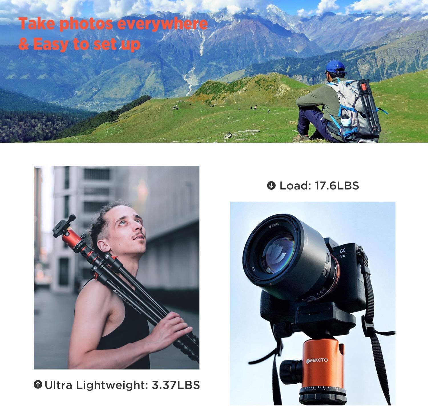 GEEKOTO 77'' Tripod, Camera Tripod for DSLR, Compact Aluminum Tripod with 360 Degree Ball Head and 8kgs Load for Travel and Work : Camera & Photo