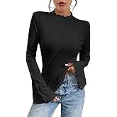 Remidoo Womens Mock Neck Bell Long Sleeve T Shirt Lettuce Trim Fitted Shirt