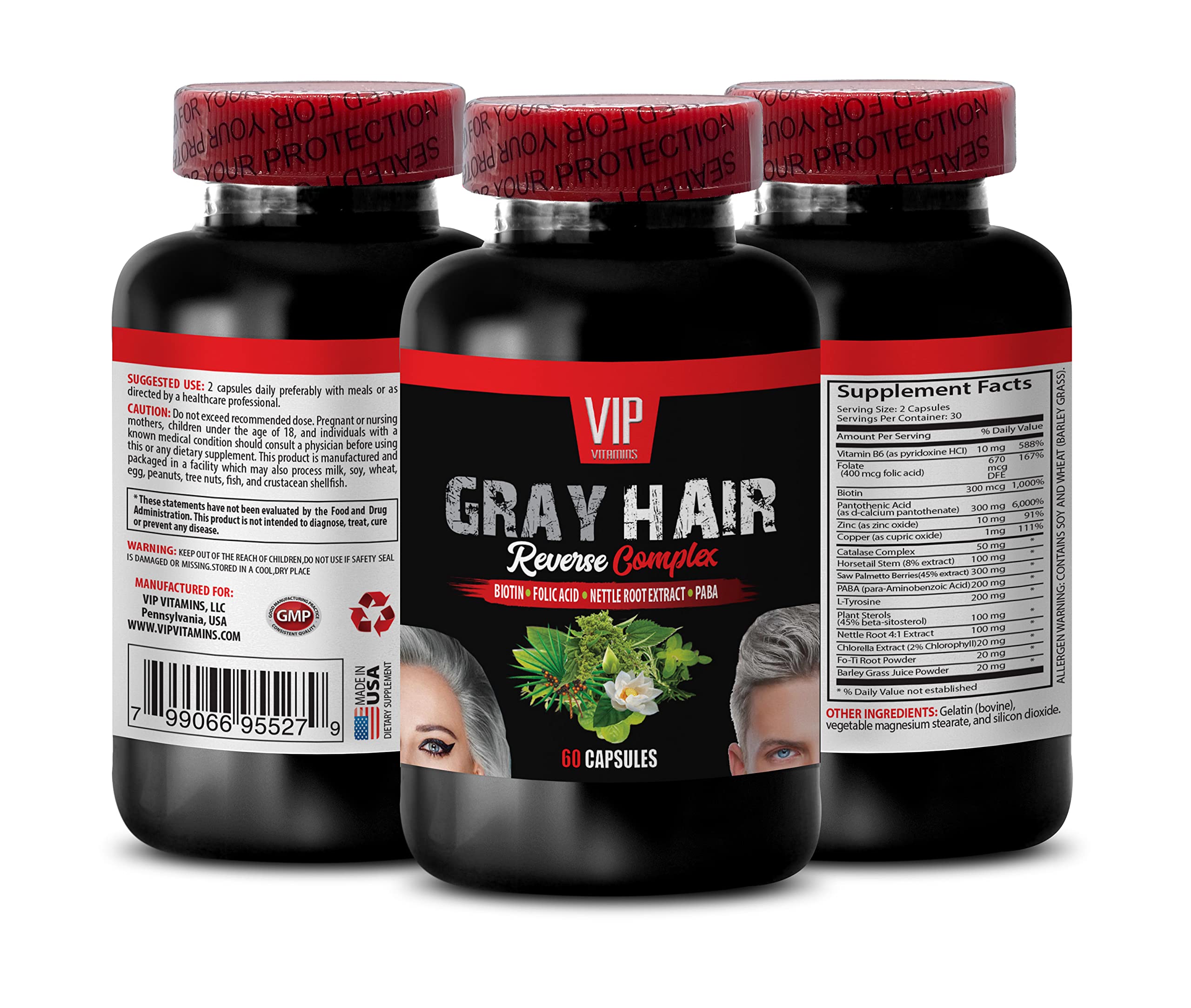 Saw Palmetto Mens Hair - Gray Hair Reverse Complex - Natural Solution - Powerful Results, Grey Hair Men, Biotin Vitamins for Hair Skin and Nails, Paba Supplement, Gray Hair Supplement, 1 Bot 60 Caps
