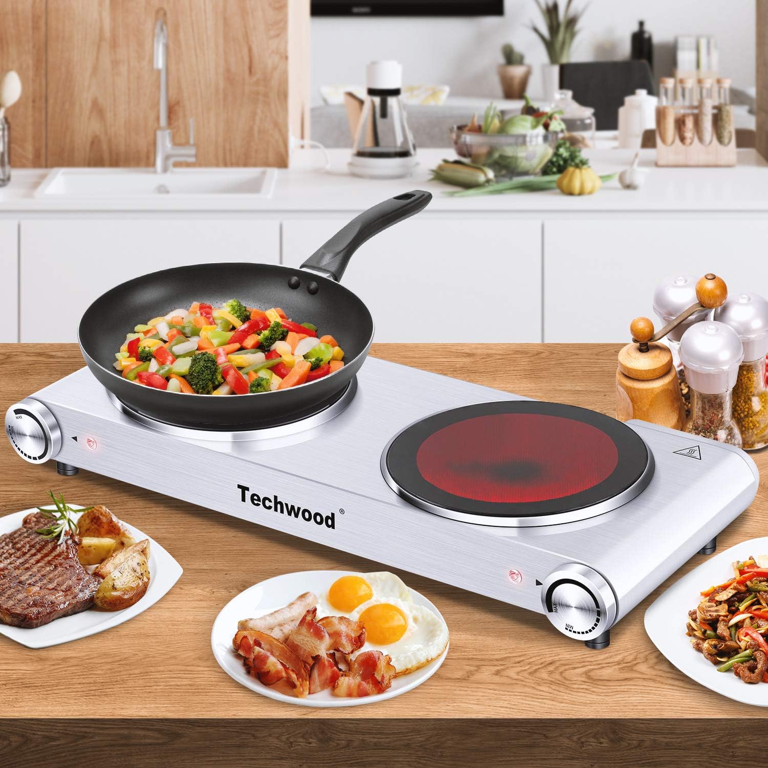 Techwood 1800W Electric Hot Plate, Countertop Stove Double Burner for Cooking, Infrared Ceramic Hot Plates Double Cooktop, Silver, Brushed Stainless Steel Easy To Clean Upgraded Version: Kitchen & Dining