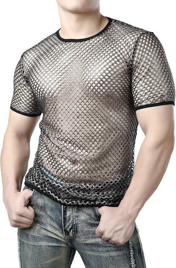 Fishnet Clubwear Men's Mesh Fishnet Top - Sheer See Through Short Sleeve Muscle Shirt For Clubwear Men's Mesh Top