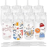 Joyclub 12 Pack Sublimation Cups 16 OZ Clear Glass Cans Blanks with Lids Mason Jars for Iced Coffee Beer Juice and Soda Drinks