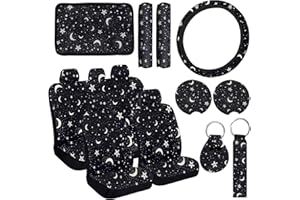 JINGSEN 15 PCS LMoon and Stars Car Steering Wheel Cover Center Console Armrest Pad Headrest Seat Belt Cover Handbrake Cover Keychain Coaster Full Set Car SUV (Star and Moon 2)