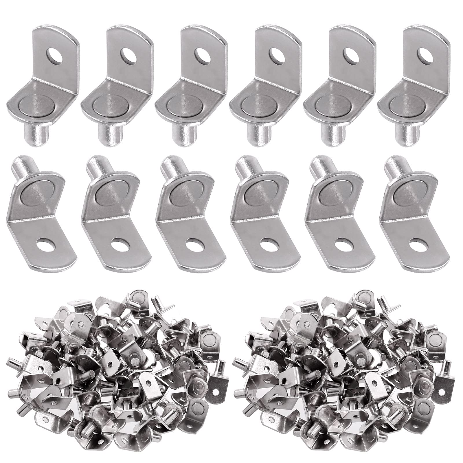 Swpeet 60 Pcs L-Shelf Pins, 6mm Silver Support Pegs with Hole, Plated Steel Shelf Holder Pins Bracket Cabinet Clips Holder for Holes on Bookcase, Cabinets and Entertainment Centers