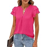SimpleFun Womens Business Casual Tops Ruffle Short Sleeve V Neck Flowy Dressy Summer Blouses Shirts