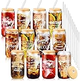 BHHQHH 12 Sets Employee Appreciation Gifts Team Thank You Gifts for Staff Coworker Inspirational and Motivational Glass Cups 16 oz Can Shaped Beer Glass with Lids Straws Brushes