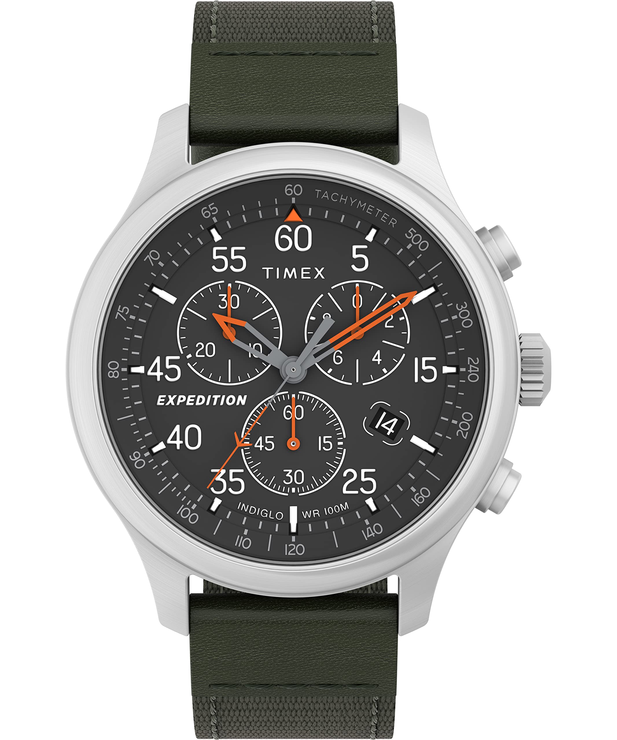 Reloj Timex Expedition Field Chrono de 43 mm para hombre - Correa verde, esfera negra, caja plateada