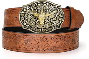 Western Leather Buckle Belt for Men Women Cowboy Cowgirl Longhorn Bull Pattern Floral Engraved Buckle Belt Gifts JASGOOD