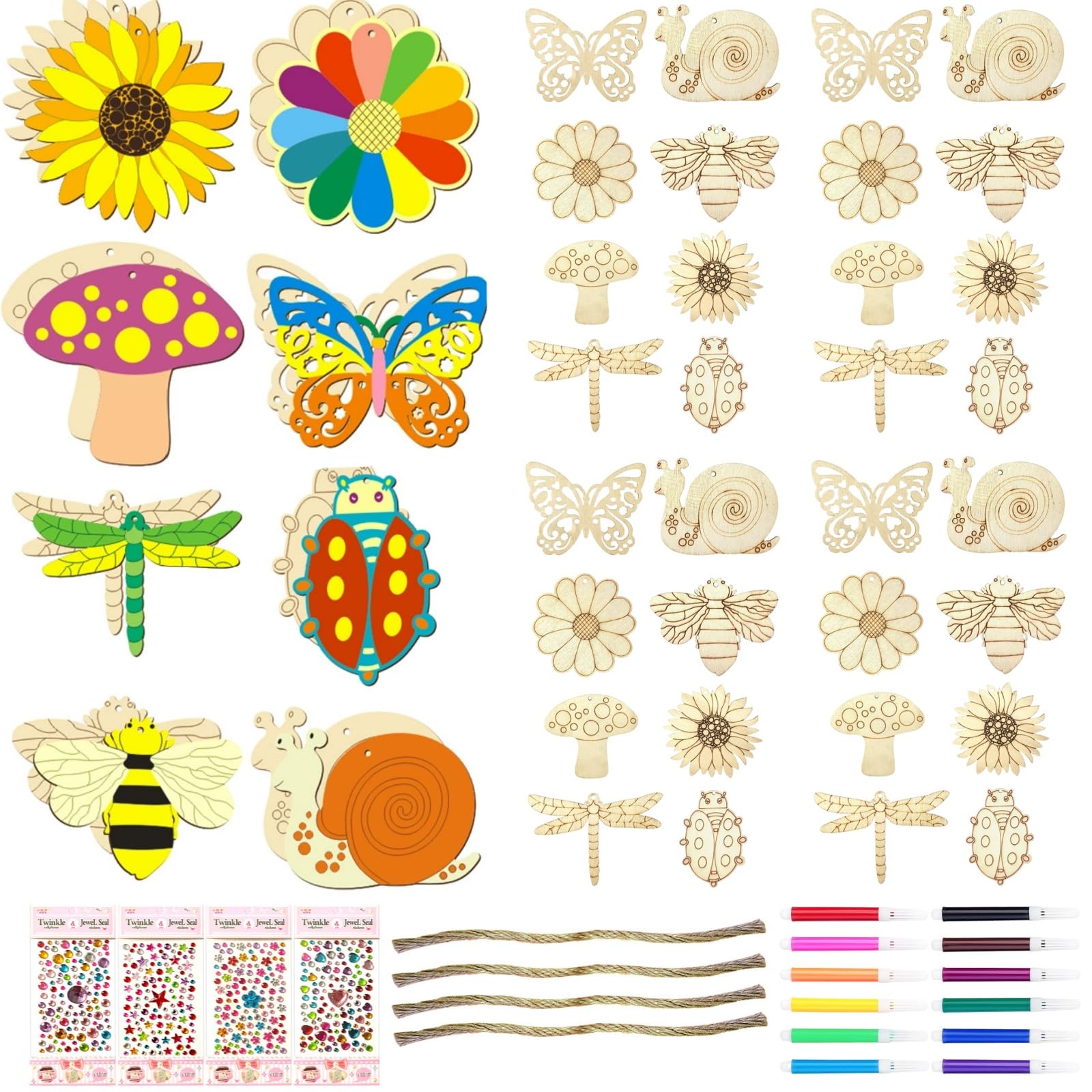 YFPOPONE All-in-One Kids Wooden Craft Kit - 48 Unfinished Wood Cutouts, 12 Watercolor Pencils, Gem Stickers & Hanging Decorations for DIY Painting, School Crafts, Mothers Day & Party Activities