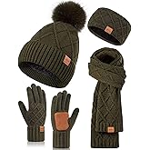Womens Winter Hat Gloves Scarf Headband Set, Pom Pom Beanie Long Scarf Touchscreen Gloves Ear Warmer, 4 in 1 Warm Gift Set