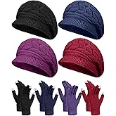 Newcotte 8 Pcs Women Hats Gloves Winter Set, Warm Cap Beanie Hat Knit with Visor Snow Ski Caps and Touch Screen Gloves