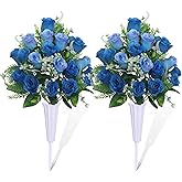 LOSFOTBO Set of 2 Artificial Cemetery Flowers, Grave Memorial Flowers with Vase, Outdoor Grave Decorations Roses for Cemetery Headstones Decoration (Blue)