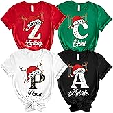 Personalized Christmas T-Shirt, Custom Monogram Initial Design with Santa Hat and Reindeer Antlers, 2025 Holiday Family Matching Shirts