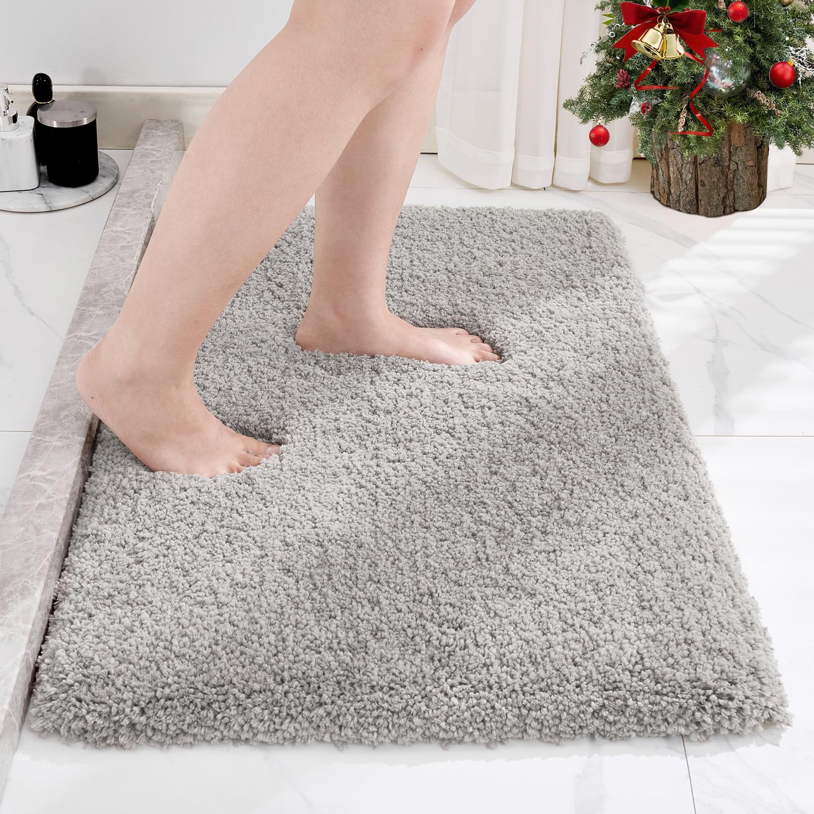 Photo 1 of  Small Bathroom Ru Non Slip Gray Fluffy Bath Mat for Bathroom Floor Washable Plush Luxury Bath Rug for Tub Soft Shaggy Absorbent Shower Mat