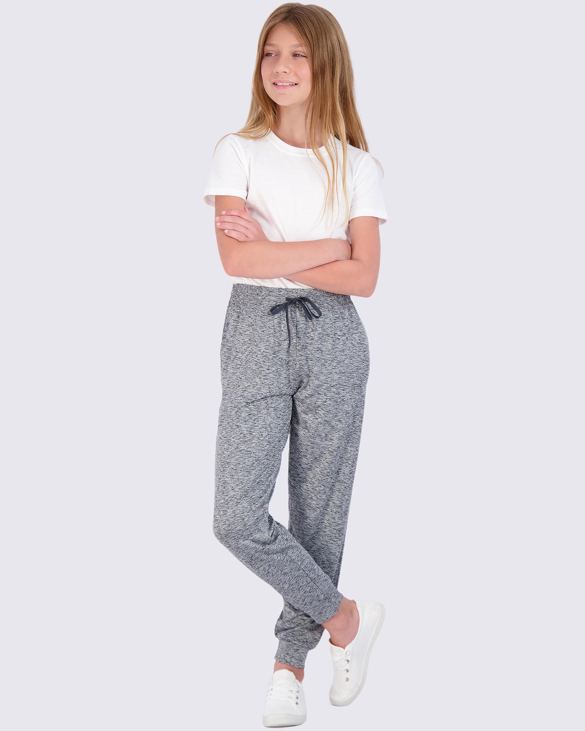 Real Essentials 3 Pack: Girls' Dry-Fit Jogger Sweatpants Soft Active Athletic Kids Joggers with Pockets & Drawstring