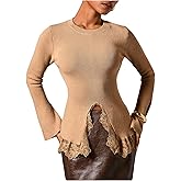 MakeMeChic Women's Bell Sleeve Floral Lace Trim Sweater Crew Neck Y2K Fitted Pullover Knit Top