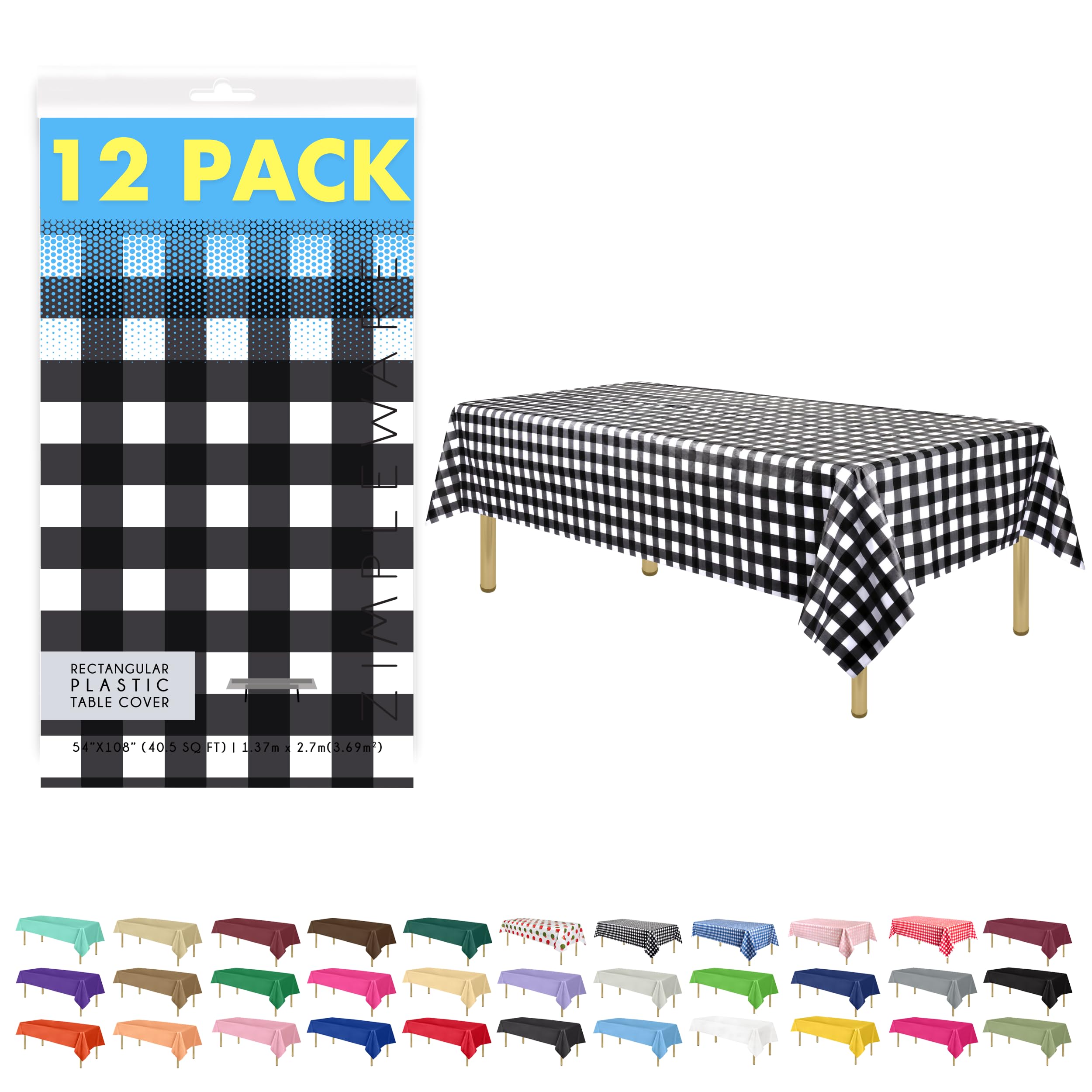 Black Checkered Gingham 12 Pack Standard Disposable Plastic Party Tablecloth 54 Inch. x 108 Inch. Rectangle Checkered Racing Flag Table Cover By Zimpleware