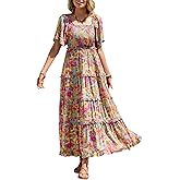 R.Vivimos Womens Summer 2026 Maxi Dress Short Sleeve Square Neck Elastic Smocked Swiss Dots Casual A-Line Flowy Long Dresses