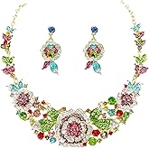 MMonesu Crystal Flower Bib Statement Necklace Set Chunky Flower Statement Necklace & Earrings Drama Bib Collar Jewelry Set for Women Prom Party Jewelry