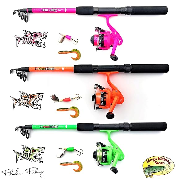 Fladen Kinderangel Starter Set Tele Spinning Combo Grün/Orange / Pink Teleskop Rute Rolle Schnur Spinner & Twister
