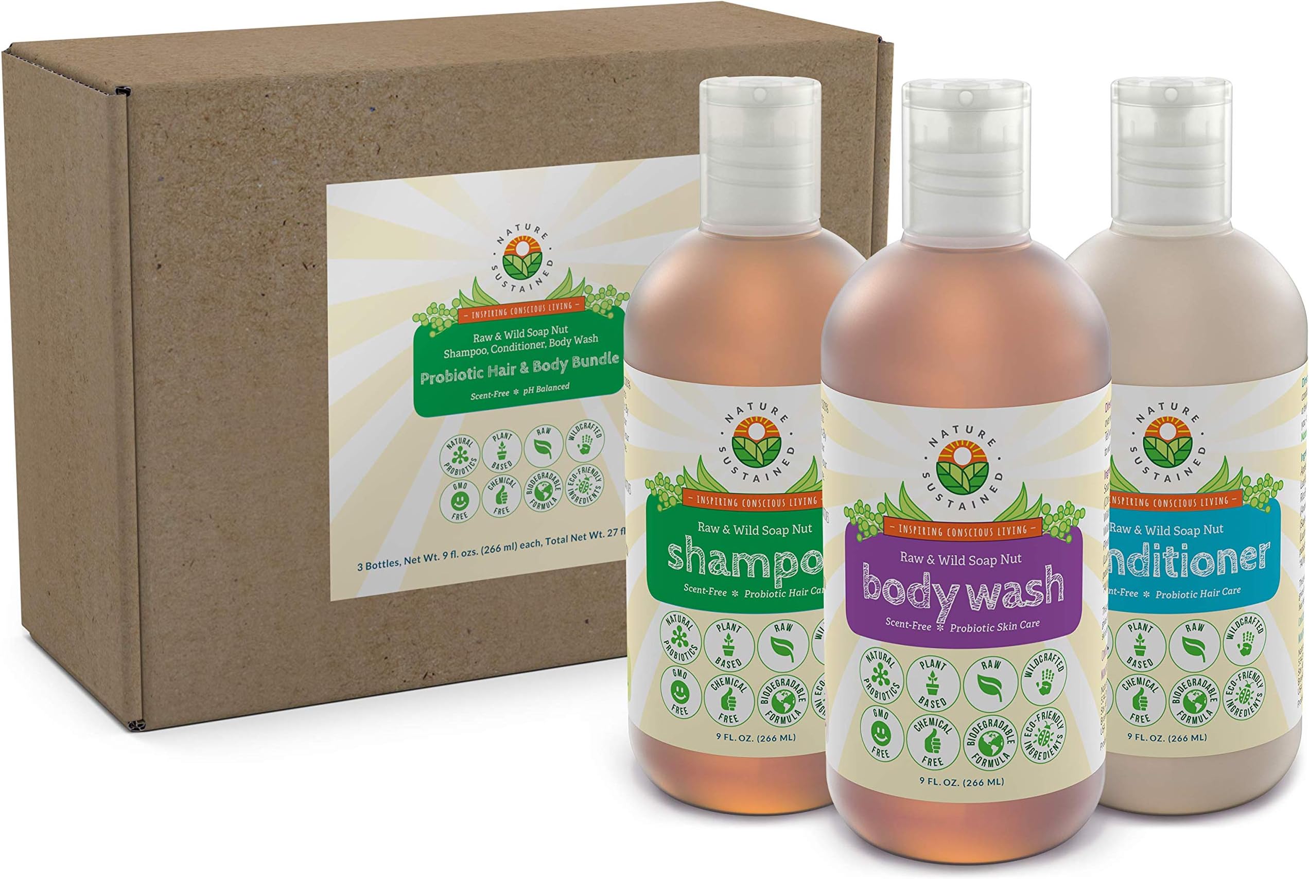 Probiotic Sensitive Skin Shampoo, Body Wash & Conditioner, Unscented - 3-Pack Gift Bundle, Raw Probiotic Soapberry pH Balanced Formula for Sensitive Skin & Dry Hair - (9 Oz. Bottles)