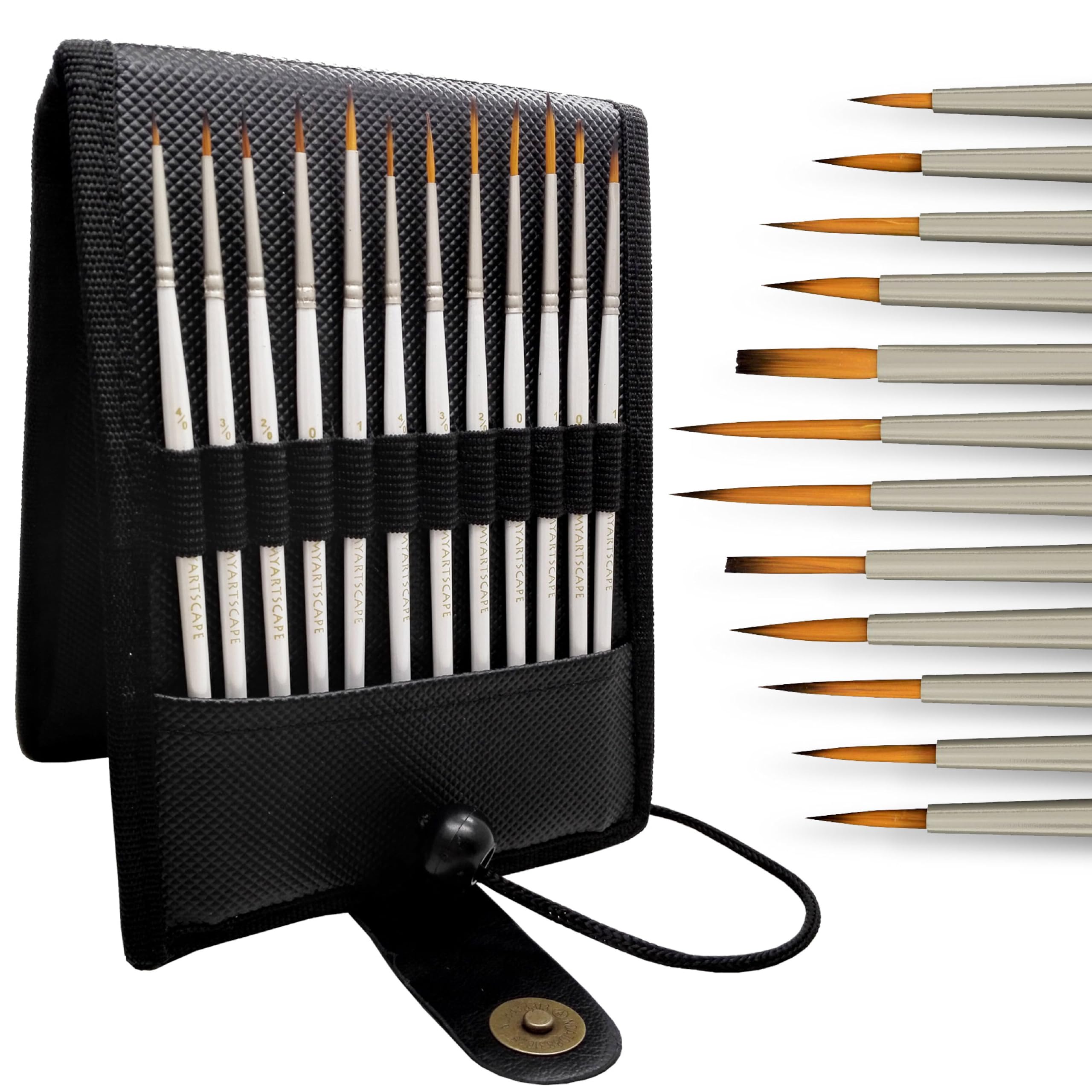 MyArtscape Miniature Paint Brushes with Holder, Set of 12 for Detail & Fine Point Painting - use with Acrylic, Watercolor, Oil, Gouache - for Pinstriping & Lettering - Art Supplies
