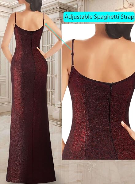 VFSHOW WOMENS 2025 SHINY SPARKLY FORMAL PROM MAXI DRESSES RUCHED HIGH SLIT SPAGHETTI STRAP SWEETHEART NECKLINE BODYCON EVENING GOWN DRESS (BLACK AND RED, X-LARGE) 12217 RED XL