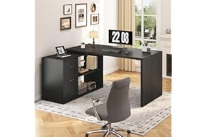 HSH 360° Rotating L-Shaped Desk with Drawers and Shelves, Home Office Corner Desk with Storage Cabinet, Wood Computer Table, 