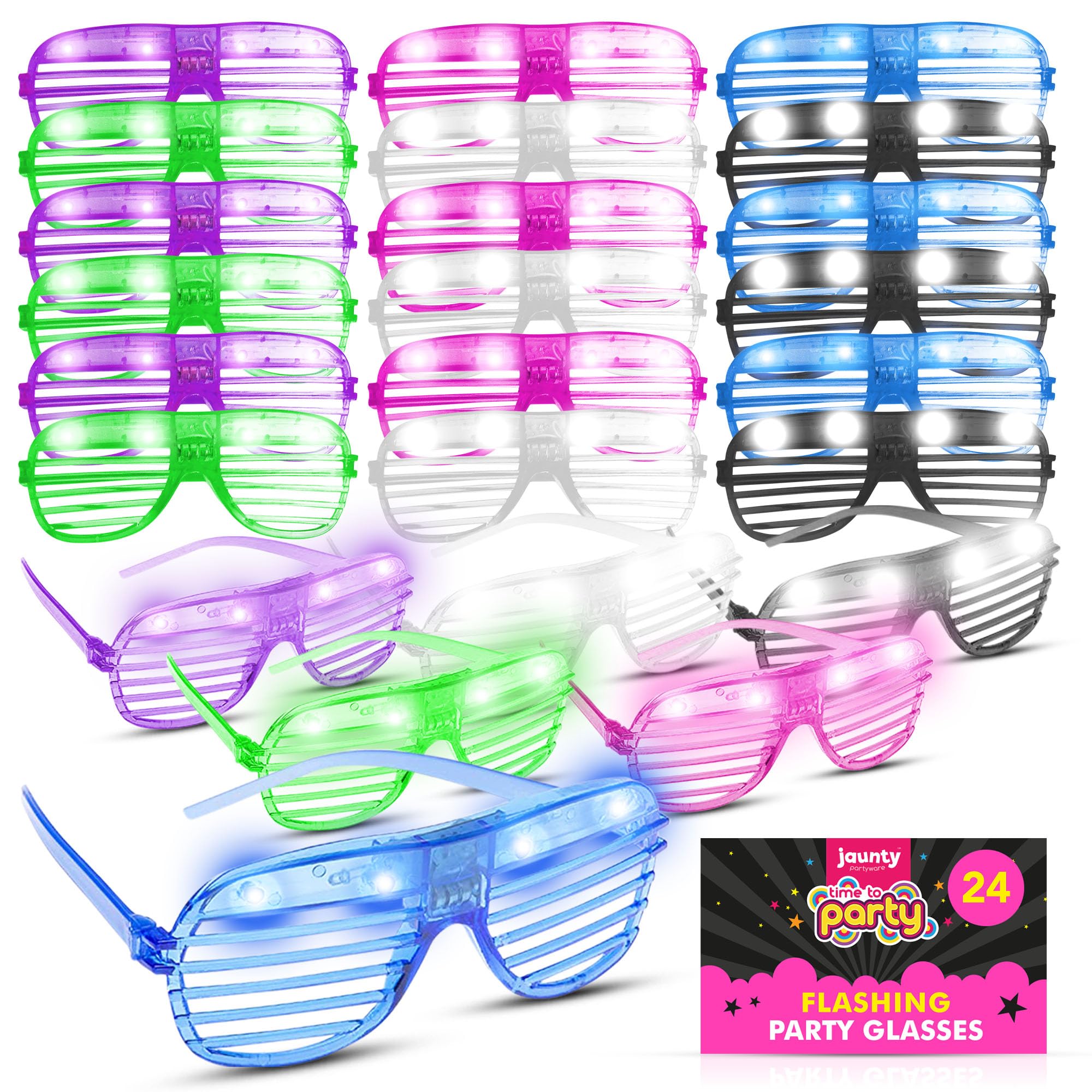 Jaunty 24pk Bulk Party Flashing Glasses - Neon Rave Accessories - Light Up Glasses for Adults - Multicolour LED Glow for Birthdays, Festivals, Dance Events, Fancy Dress, and Celebration Parties