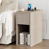 Homleke Narrow End Table with Fluted Drawer & Charging Station | Compact Nightstand with USB Ports & AC Outlets, Space-Saving