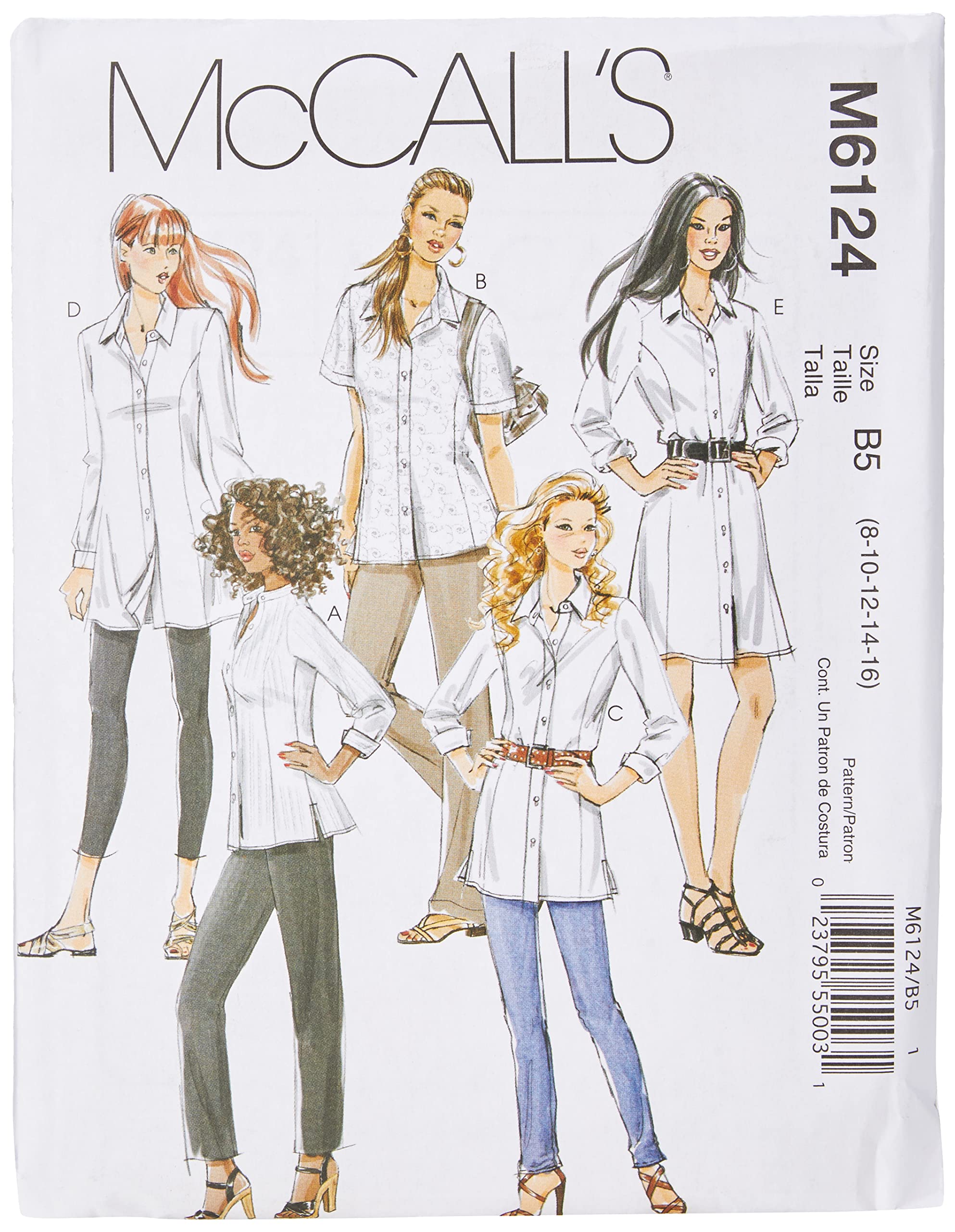 McCall's Patterns M6124 Size B5 8-10-12-14-16 Misses'/ Miss Petite/ Women's/ Women's Petite Shirts in 3 Lengths, Pack of 1, White