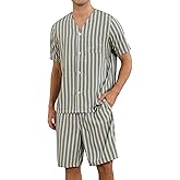 Vulcanodon Mens Striped Pajama Set Cozy Lightweight Short Sleeve Button Down Lounge Pjs with Pockets and Button Fly