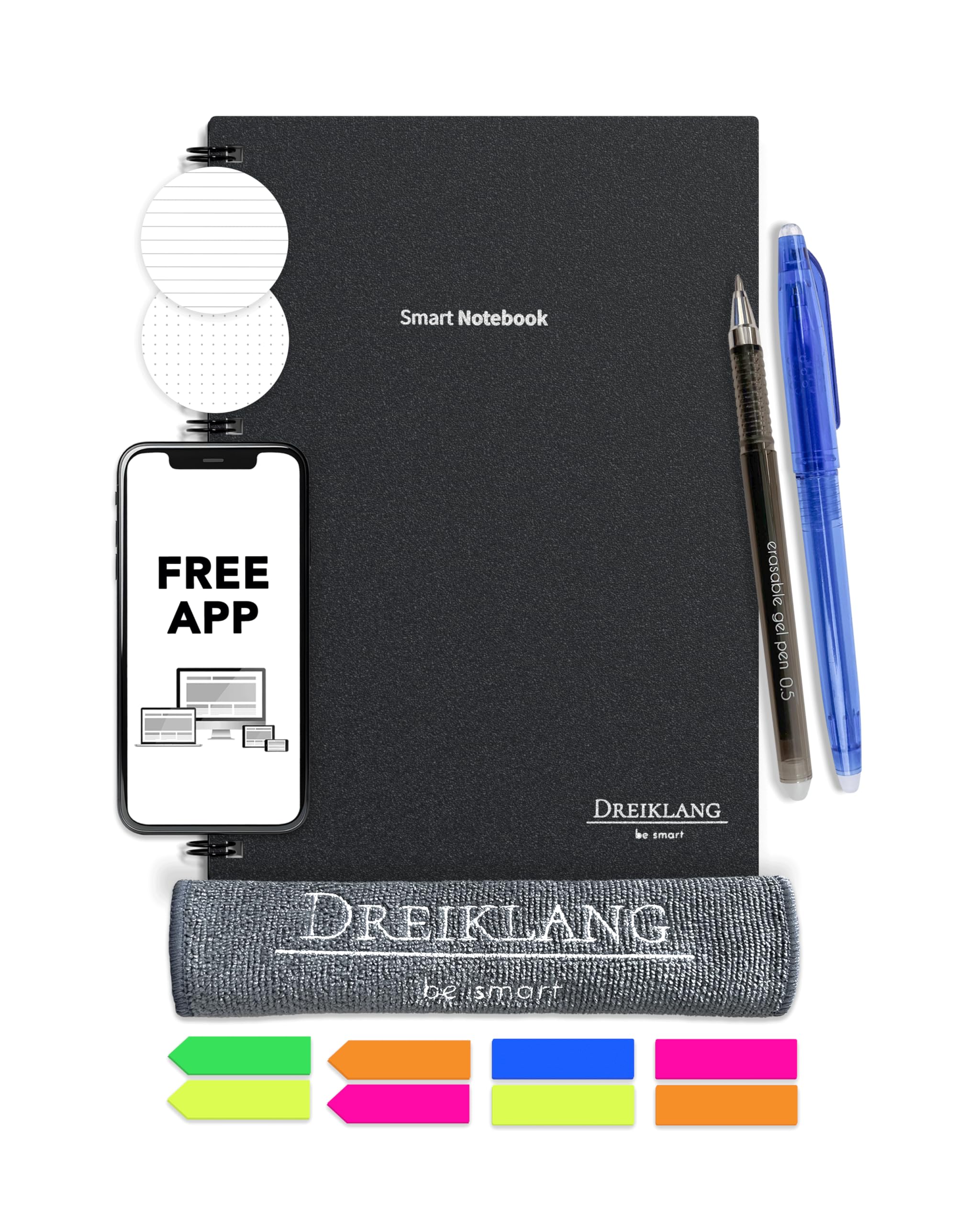 Dreiklang be smart Reusable Smart Notebook A5 with Planner – Erasable Digital Notebook with App (iOS/Android Cloud) – Includes 2 Pens, Sticky Notes & Microfiber Cloth